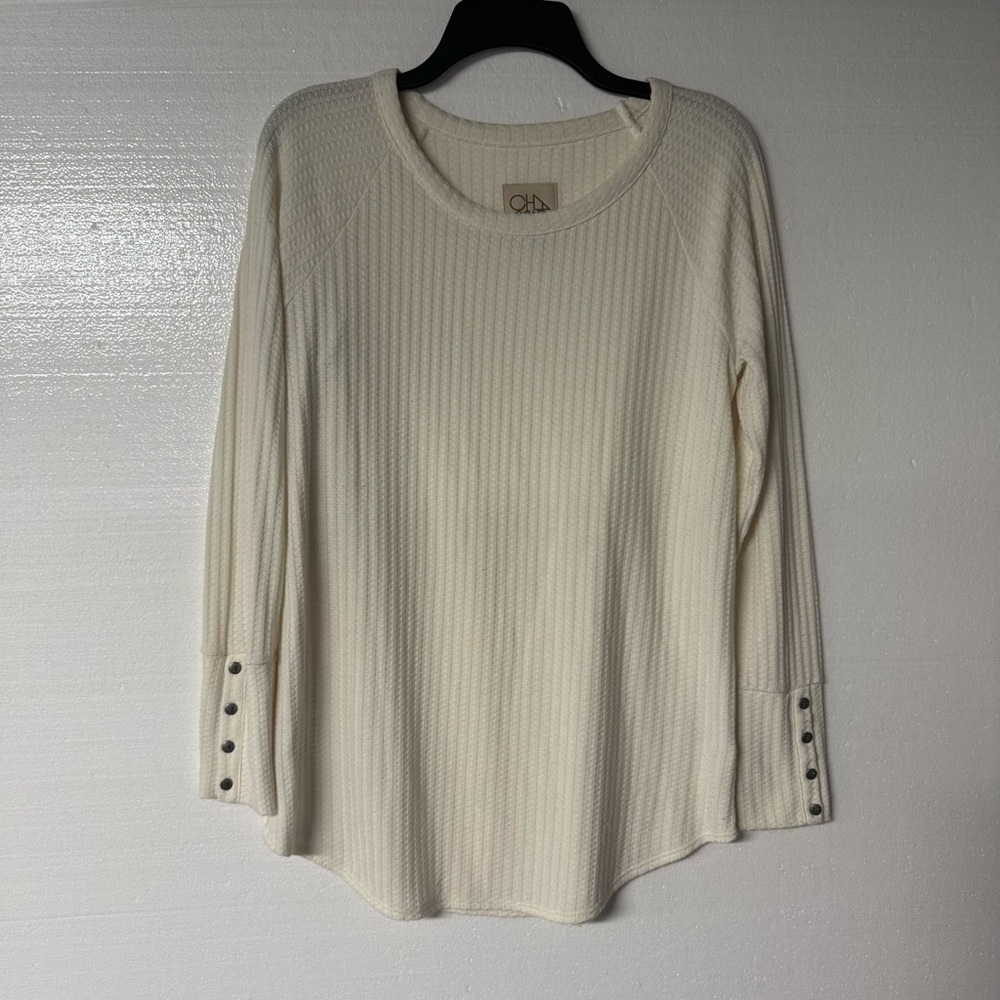 Chaser Shirt Women Size L Ivory Waffle Knit Thermal Button Cuff Tunic Scoop Neck
